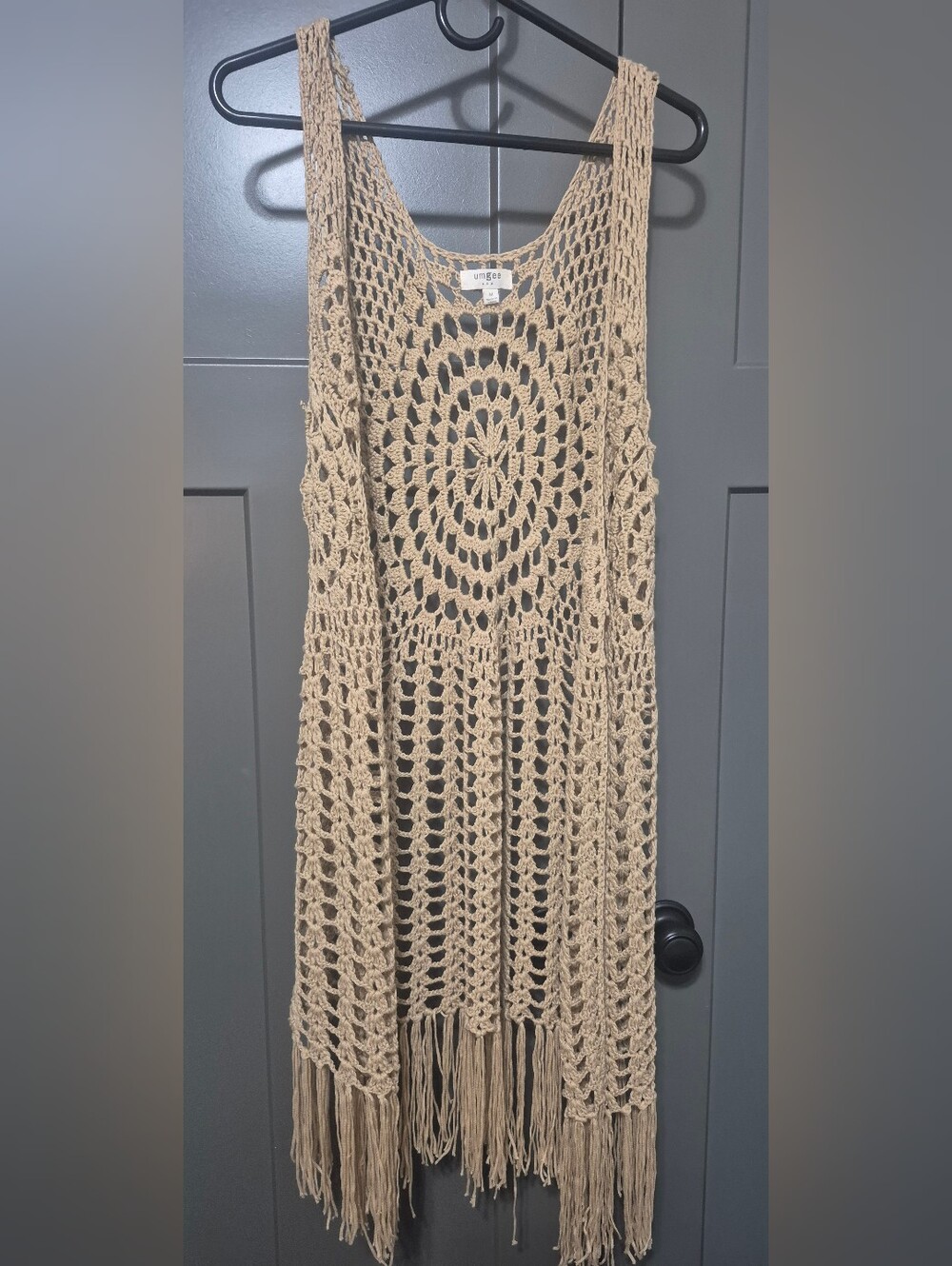 Umgee USA Crochet Fringe Open Front Boho Duster Vest Beige Size M - Picture 2 of 5